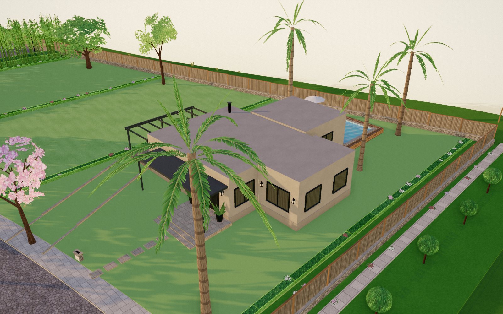 Casa modelo de Le Petit Trianon en la maqueta 3D, en el lote 1: una sola planta de losa plana, cochera abierta, galería de acceso bajo techo y pileta, con luz de atardecer y el arbolado del predio alrededor.