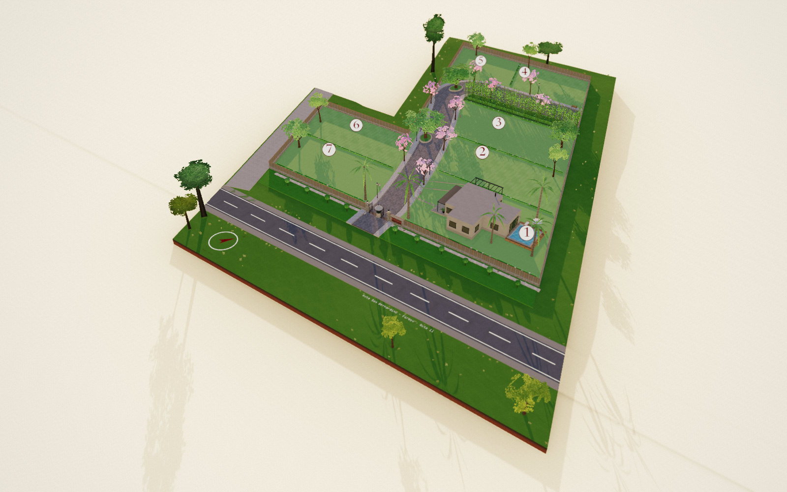 Maqueta 3D de Le Petit Trianon con luz de atardecer: el predio de seis lados apoyado como una maqueta de mesa sobre fondo marfil, con la calle empedrada interna que termina en cul-de-sac, los siete lotes numerados, el portón de acceso sobre la ruta y la casa modelo en el lote 1.