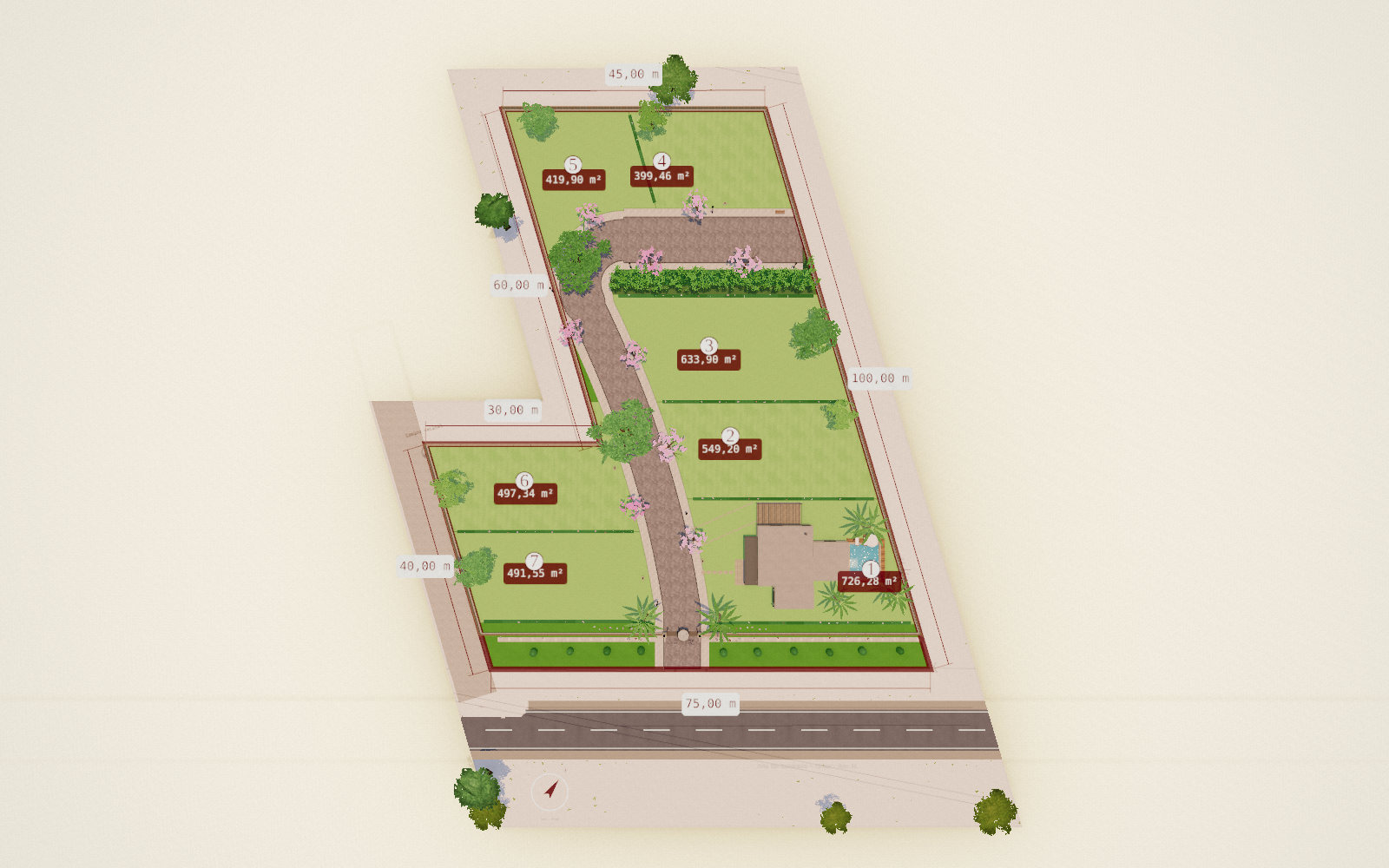 Vista Plano de la maqueta: el predio de seis lados visto desde arriba sobre fondo marfil, con la calle empedrada en forma de L que termina en cul-de-sac, los siete lotes numerados del 1 al 7, el área verde del frente, el portón sobre la ruta y la franja de tacuaras al fondo.